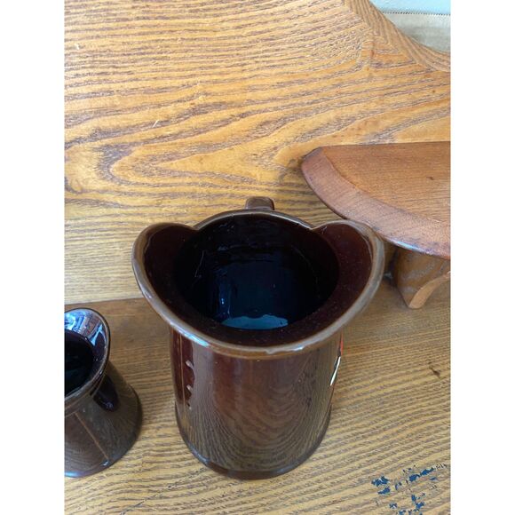 Vintage Redware Red Rooster Pancake Set Batter and Butter Pitchers 1950s - Picture 7 of 10